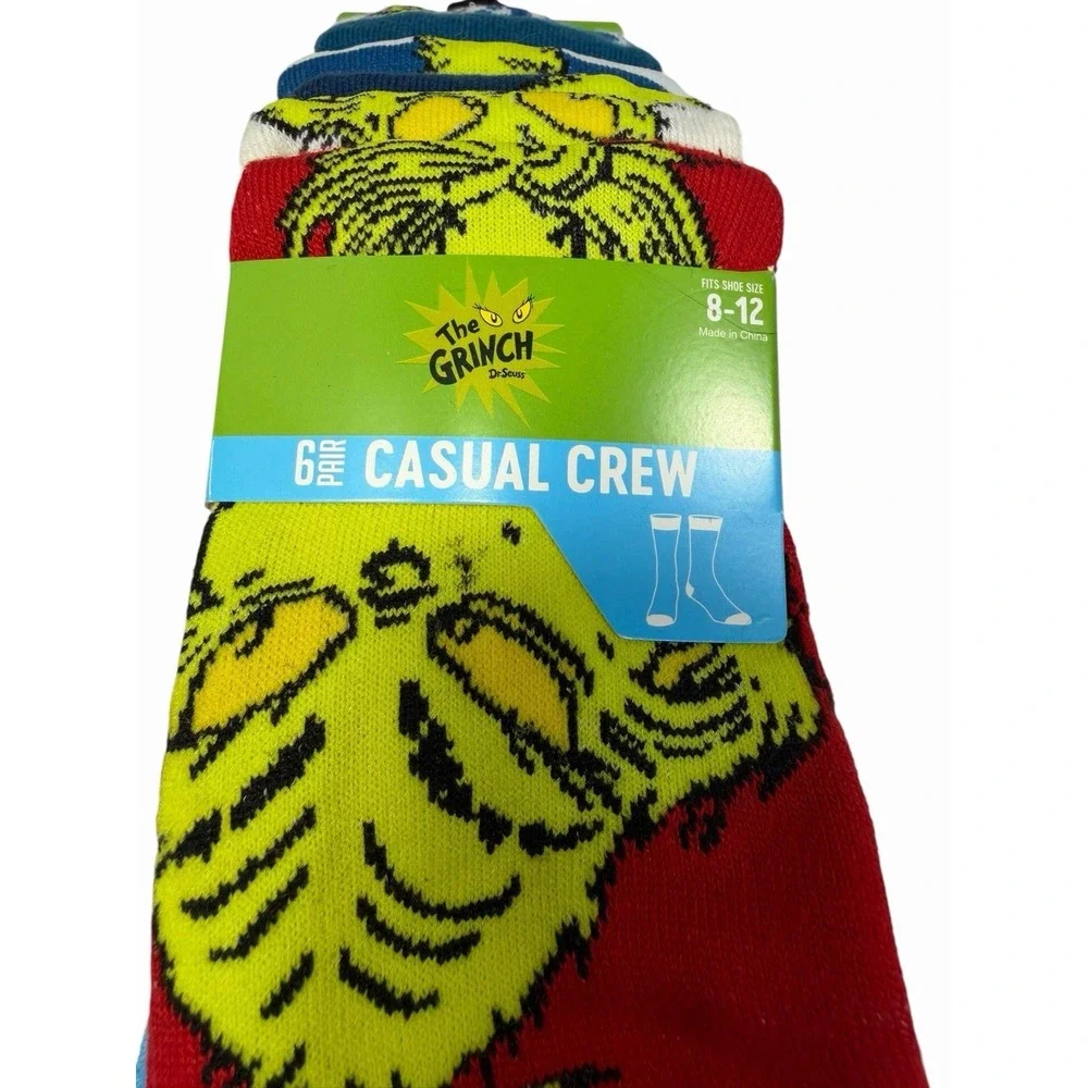 the grinch mens 6 pairs casual crew socks size 8-12 bioworld